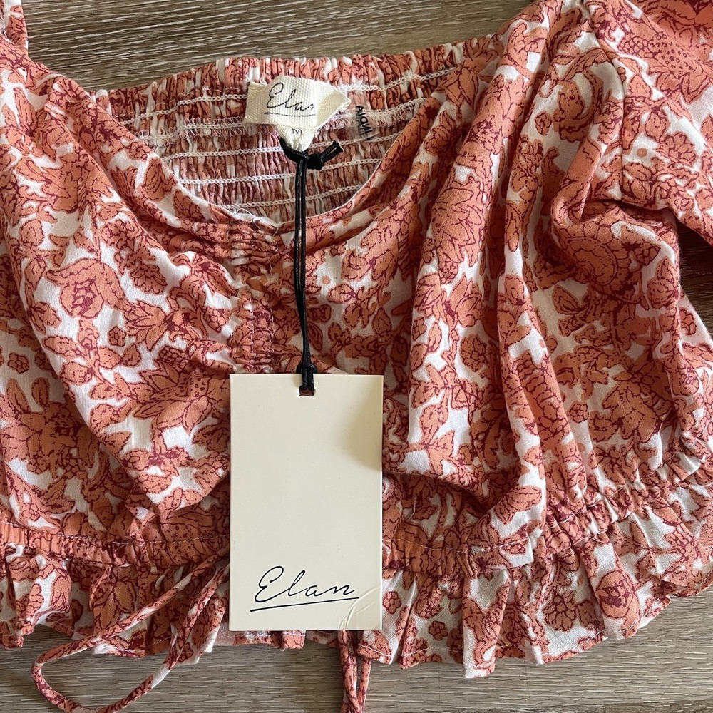 Elan Puff Sleeve Crop Top Medium Salmon Cinched Smocking Tie Front Blouse NWT - Picture 4 of 10